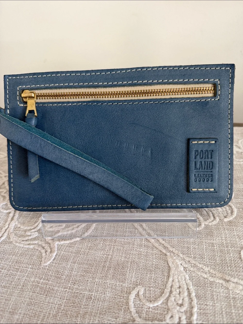 Portland Leather Goods Navy Blue Leather Wristlet Wallet with Gold Zip